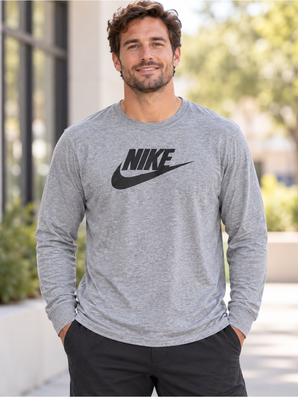Nike Men’s XL Gray Long Sleeve Logo T-Shirt Crew Neck Casual Athletic Tee